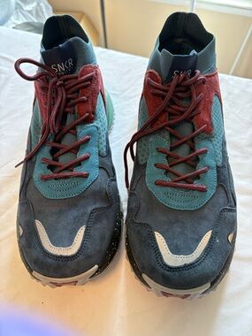 Men's Multicolor Suede Athletic Sneakers - Blue/Teal/Burgundy with built in sock